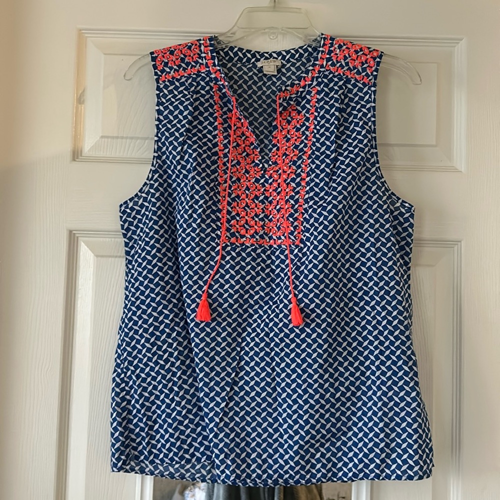 J. Crew Factory Navy Geometric Sleeveless Top with Coral Embroidery